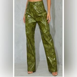 PrettyLittleThing Green Faux Leather Darted Straight Leg Pants